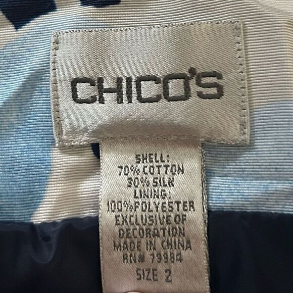 Chico's Ice Garden Frannie Ink White Blue Silk Cotton Sequin Blazer Size L 12 - Picture 8 of 9